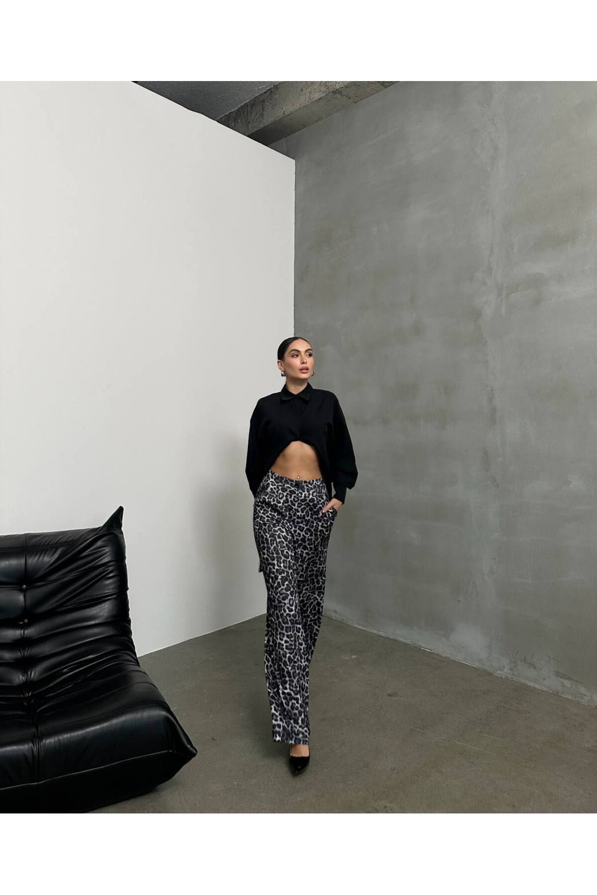 Premium Leopar Desenli Palazzo Pantolon – Yüksek Bel, Oversize
